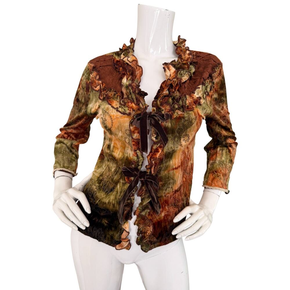 Y2K Crushed Velvet Top Jacket Tie Front Ruffle Fairy Forest Goblin Whimsigoth